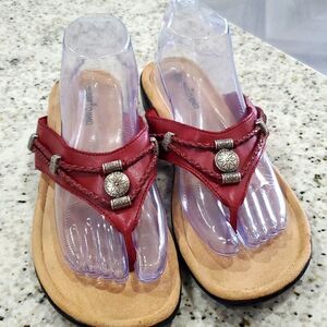 Minnetonka Red Leather Flip Flop Sandals silver tone jewels braided leather, 10